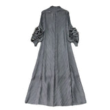 Zingj Sense Of Socialite Temperament Three House Pleated Lantern Long Sleeve Collar Loose A Line Solid Color Dress Elegant