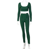 Women Autumn Winter Long Sleeve Crop Tops Long Pants Green Two Piece Set Suit Outfit 2021 Fall Clothes Wholesale