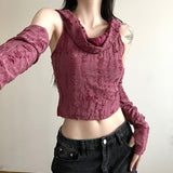 Zingj 2023 New Waste Dirt Street Hot Girl Sexy Slim Hole Hollow Sweater Sleeve Top Suit-Outfit