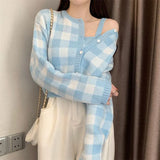 Zingj Dress 2024 New Women's Suit Bump Color Plaid Knit Cardigan Top Hot Girl Pure Desire Wind Sling Two-Piece Set-Outfit