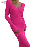 Fashion Women Long Sleeve Sweater Dress Casual Solid Color V Neck Knit Bodycon Party Dress for Beach Club