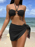 Sexy Bikini Swimsuit Three-Piece Yarn Dress Hanging Neck Solid Swimsuit Female