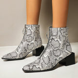 Women Snake Print Western Boots Fashion Zipper Suqare Heel Ankle Boots Lady Metal decoration Square Toe Autumn Winter