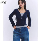Sleeve T-shirts Women Simple Vintage Slim Patchwork Designed Cropped Office Ladies BF Streetwear All-match Casual Tops