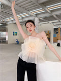 Organza Sheer Corset Top Strapless Sexy Mesh Top Women 2021 Floral Rose Patch Beige Summer Ladies Tops Fashion
