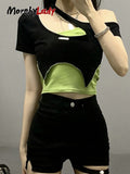 Patchwork Black Green T Shirt Women Short Sleeve Two Piece Set Ladies Tops Streetwear Crop Top Tee Shirt Femme