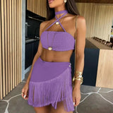Tassel Women Two Piece Skirt Halter Lace Bra Tassel Mini Skirt Suit Beach Vacation Casual Female Bathing Suit