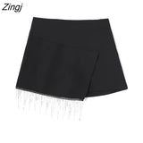 Women High Street Shinning Diamond Tassel Design Shorts Skirts Lady Zipper Fly Hot Shorts Chic Pantalone Cortos