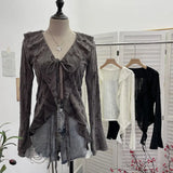 Dark Wind To Make Old Hole Horn Long Sleeve Open Shirt Tie With Lotus Leaf Side V Collar Sunscreen Shirt