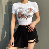 Ribbed Tight Printing Crop Tops O-neck Short Sleeve Skinny White T-shirts Vintage Summer Tops