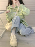 Aesthetic Stripe Hoodes Cardigans Double Zipper Women Casual Knitwear Harajuku Ladies Jacket Vintage Loose Grunge