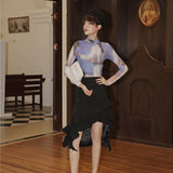 Mesh Turtleneck T Shirt Women See Through Transparent Sheer Top Long Sleeve Vintage Print Tee Shirt Fall