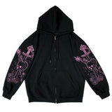 Gothic Streetwear Skeleton Print Oversize Hoddie Women Punk Harajuku Hip Hop Zipper Sweatshirt Female Mall Goth