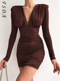 V Neck Bodycon Dress Party Brown Women Mini Sexy Long Sleeve 2021 Autumn Winter Black Dresses Elegant Green
