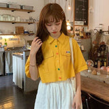 Women's Shirt Short Sleeve Harajuku Summer Vintage Kawaii Blouse Soft Girls Korean Style Button Up Yellow White Crop