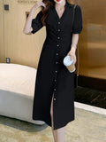 Summer Elegant Casual Midi Shirt Dress Short Sleeve Vintage Pleated Party Black Vestidos Female Fashion Korean