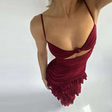 Burgundy Mesh Ruffle Strap Maxi Dress- Outfit