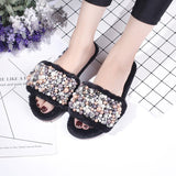 New Women Handmade Pearls House Slippers Women Winter Women Indoor Slippers Woman Slip On Flats Shoes Fur Slippers