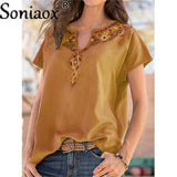 Women Urban Leisure V Neck Print Short Sleeve T-Shirt Ladies Ethnic Style Casual Loose Boho Retro Harajuku Oversized