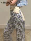 S-4XL Plus Size Wide Leg Jeans Woman High Waisted Checked High Fashion Denim Trousers Bottoms Pants Women
