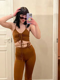 Y2K Streetwear Sexy Bandage Blue Co-ord Suits 2000s Fashion Drawstring Halter Top and High Waist Flare Pants 2 Piece