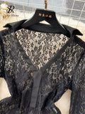 Fashion Lace Sheer Two Pieces Sets Women Lapel Long Sleeves Slim Bodysuits+Elastic Long Pants Ladies Sexy