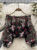 Mesh Embroidery Sheer Blouse Fashion Slash Neck Loose Puff Sleeve Tops Short Smock Streetwear Lace Y2K Summer Blouses 211-0-Outfit