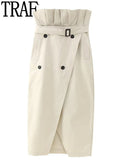 Paperbag Long Skirts For Women Fashion 2023 Wrap High Waist Skirt Women Gabardine Slit Midi Skirt Elegant Women's