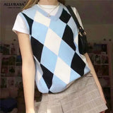 Loose Diamond Shape V-neck Knitwear Korean Female Autumn Black Chic Knit Top Jumper Women Sleeveless Sweater