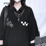 2020 Casual street flame plaid print turndown collar short sleeve t-shirt women men Summer loose hip hop tee shirt