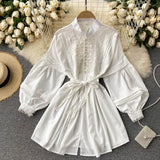 Spring New Women Vintage Elegant Beading White Dress Ladies Mandarin Collar Lantern Sleeve A-line Slim Solid