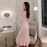 Autumn Winter Elegant Slim Midi Sweater Dresses Knitted Ruffle Dress Female A-line Casual