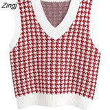 Loose sleeveless vest sweater 2021 autumn winter women's houndstooth knitted vest V-neck sleeveless pullover sweater