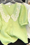 Embroidered Doll Collar Blouses Women Short Sleeve Lace Shirt Tops 2023 Lady Korean Vintage Elegant Chiffon Clothes