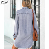 PETAL Frayed Denim Shirt For Women Casual Long Sleeve Pockets Button Up Long Shirt Top 2023 Spring Autumn Shirt