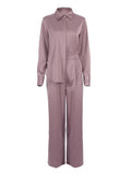 Blue Satin Home Wear Suit Spring Brown Long Sleeve 2 Piece Top And Pants Women Sets Loose Casual Solid Ladies Trousers