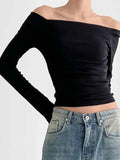 Solid Color Off Shoulder Slim Long Sleeve Tee- Outfit