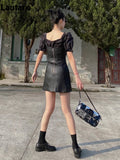 Spring Autumn Black Faux Leather Spaghetti Strap Mini Dress Women with Chain Short Sexy Backless Fitted Clothing