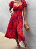 Floral Print Split Waist A-Line Dress Fashion Square Collar Women Mini Dress Elegant Puff Sleeve Loose Party Long