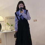 French Vintage Knitting Midi Dress Women Black Loose V-neck Long Sleeve Dress Elegant Office Lady Turn-down Collar