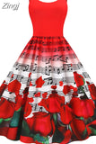 Summer Vintage Dress Women Spaghetti Strap Floral Print High Waist Elegant Sleeveless A-Line Party Midi Dress Robe