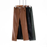 Winter Fleece Pu Leather Pants Women High Waist Straight Pants solid color spliced trousers