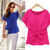 Women New Fashion Summer Short Sleeve Bow Knot Chiffon Blouse Shirt Ladies Top Tee Shirt Plus Size