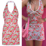 V Neck Print Sexy Backless Bodycon Dress Party Sleeveless Summer Halter Mini Dresses Women Fashion Streetwear