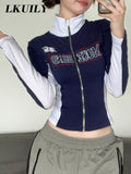 Print Fashion Y2K Jackets Long Sleeves Patchwork Turn-down Neck Coats Streetwear Sexy Autumn Cute Zip Up Outfits 2022