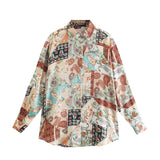New Women's Autumn Printing Multi-Color Silk Sipping Long-Sleeved Collar Loose Shirt