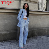 Casual Long Sleeve Blazer Two Piece Sets Womens Outfits Elegant Loose Wide Pants Sets Fashion Blue Cotton Trouser