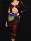 Women Fashion Autumn Winter Long Sleeve Hollow Out Printed Bodycon Pencil Midi Dress 2021 Fall Clothes Wholesale