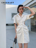 Cut Out Waist Button Up Shirt Dress For Women 2022 Summer Fashion Short Sleeve Lapel Tunics Designer Mini
