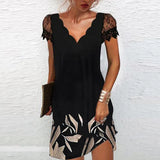 Elegant Dresses Summer Fashion Sexy V Neck Lace Short Sleeves Mini Dresses Ladies Vintage Black Club Party Dress